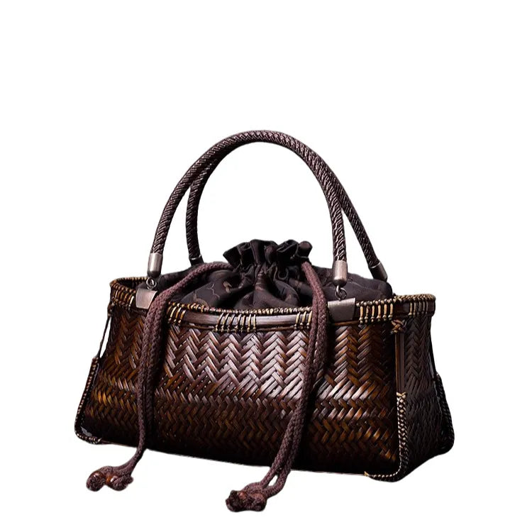 Black Bamboo Boat Bag Handwoven Vintage Tote for Women