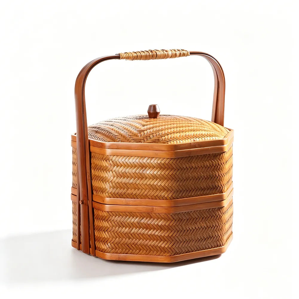 Handwoven Bamboo Lacquer Octagon Lidded Basket Storage