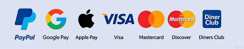 • PayPal: Fast, secure cross-border payments for your international orders.
• Google Pay: Quick, one-tap digital wallet payments across all your devices.
• Apple Pay: Seamless contactless payments designed for Apple users.
• Visa: Widely accepted credit and debit card payments worldwide.
• Mastercard: Reliable global card processing across all major regions.
• Discover: Cashback-friendly card payments with broad international coverage.
• Diners Club: Premium charge card options tailored for global travelers
