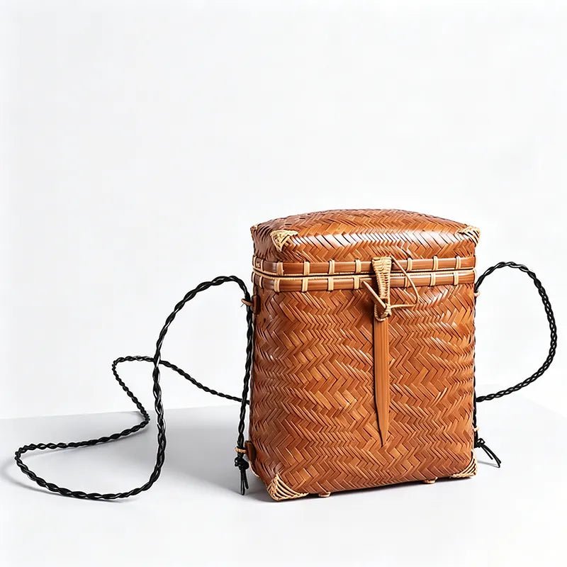 Handwoven Bamboo Wave Crossbody Bag Vintage Bamboo Basket Purse