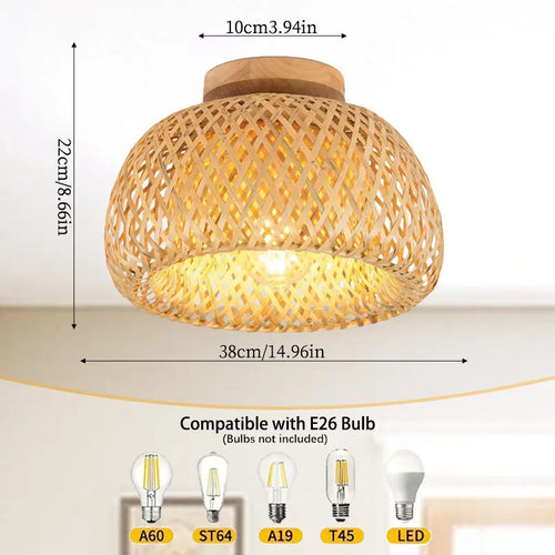 Bamboo Ceiling Light | 2 Woven Styles | Boho Handwoven Rattan Lamp
