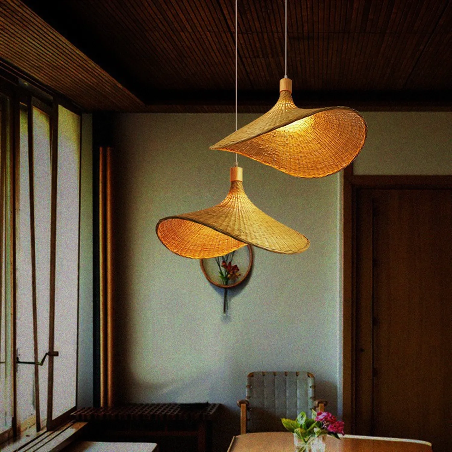 Handwoven Bamboo Straw Hat Pendant Light for Tea Room & Dining Decor|8 Options Available
