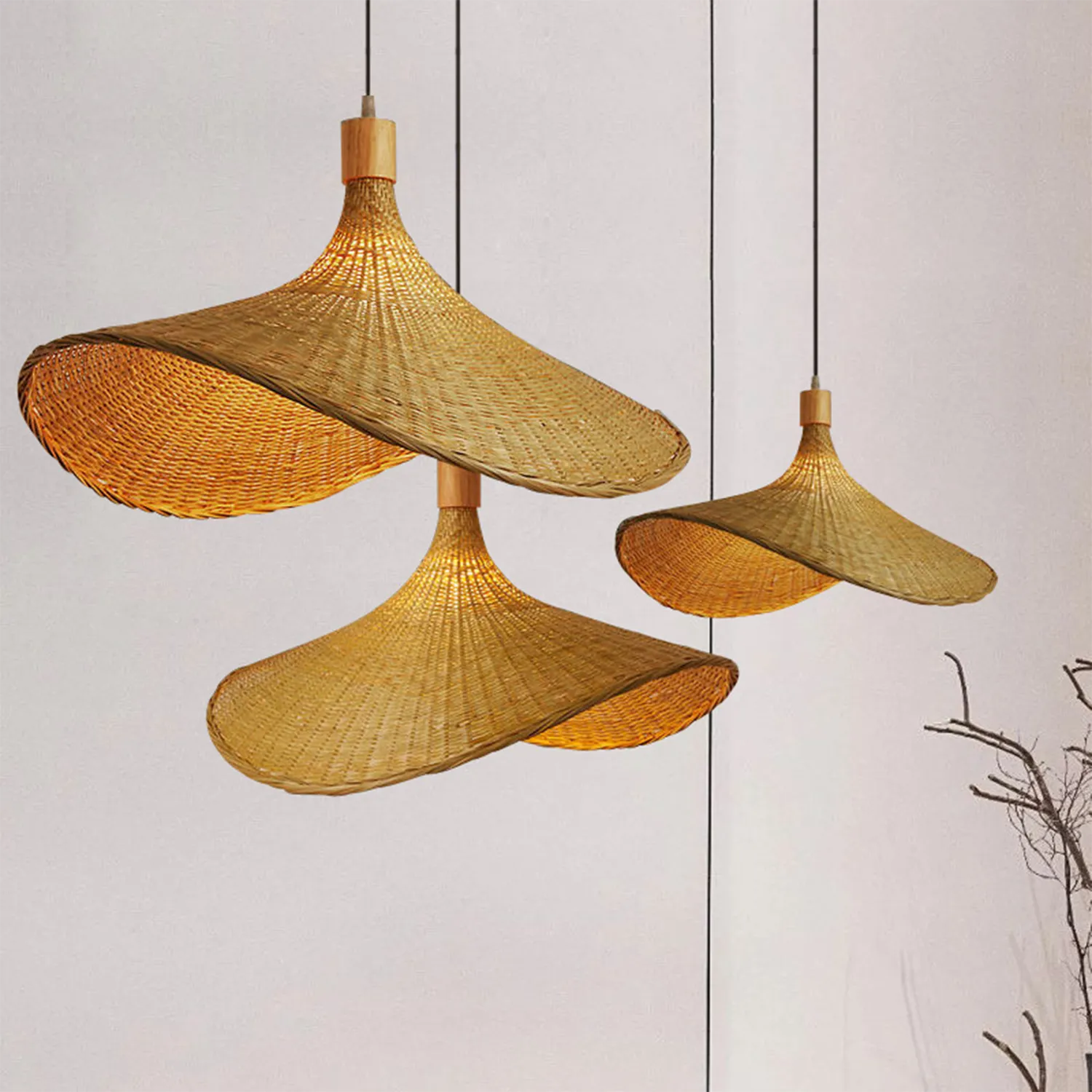 Handwoven Bamboo Straw Hat Pendant Light for Tea Room & Dining Decor|8 Options Available